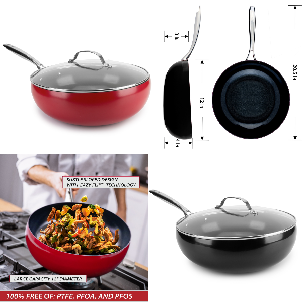 DiamoTech 12" EaZy Flip Wok, Ceramic Nonstick, Toxin-Free