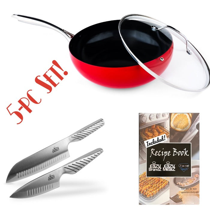 DiamoTech 12" EaZy Flip Wok, Ceramic Nonstick, Toxin-Free, Stainless Steel Knives and Recipe Book