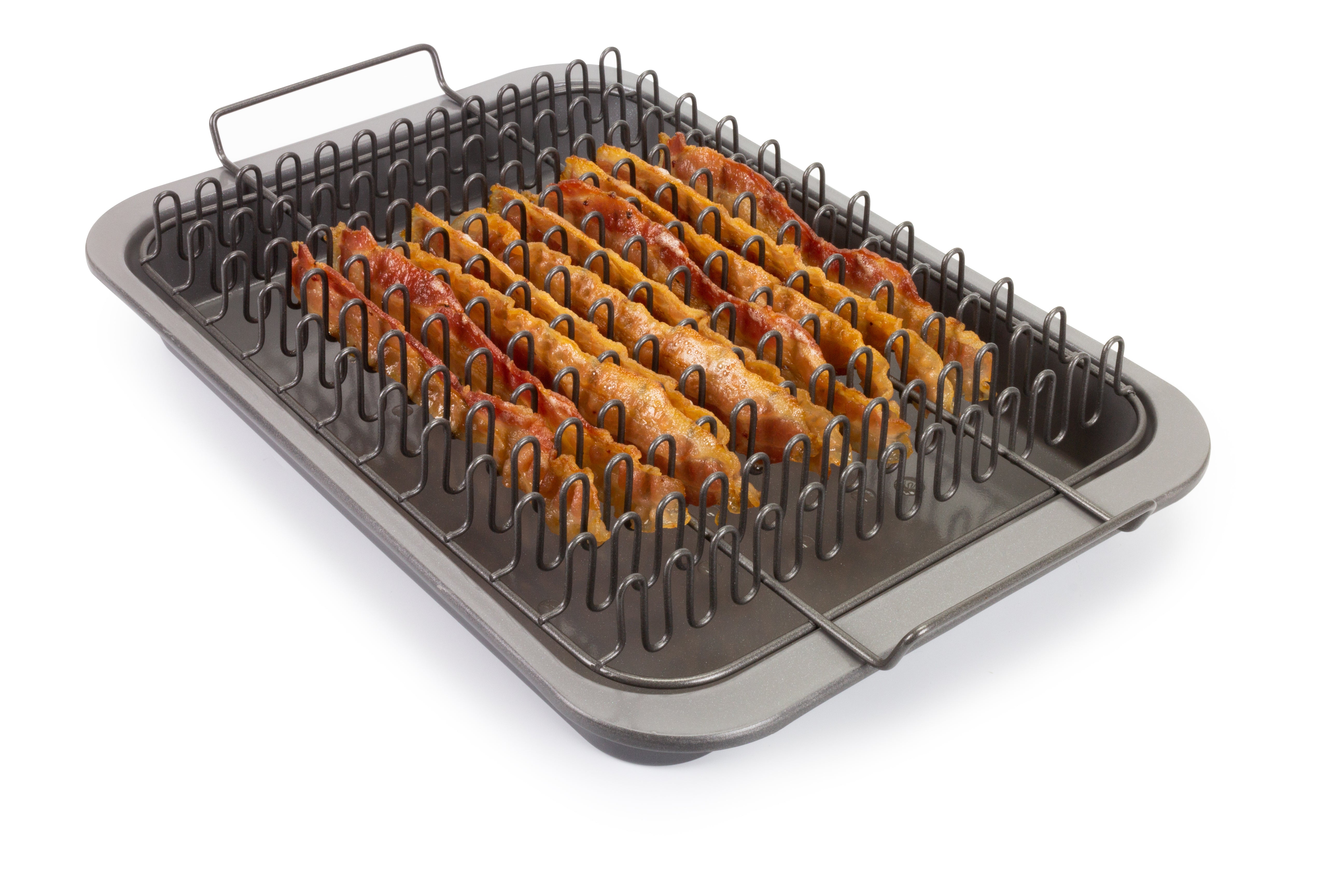 Eazy Mealz Bacon Rack & Tray Set, Rack and Grease Catcher, Non-Stick, Large, Gray
