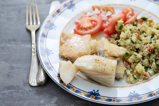 Air Fried Cod with Mediterranean Quinoa Salad
