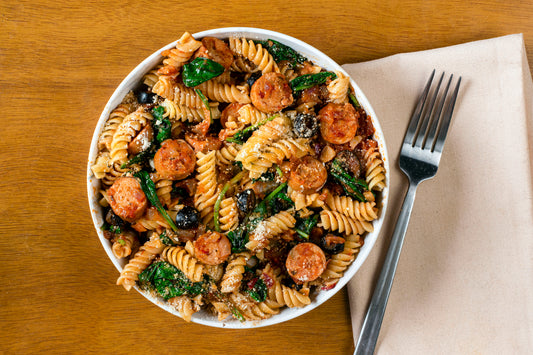 Wok-Tossed Sausage, Spinach, and Rotini Stir-Fry