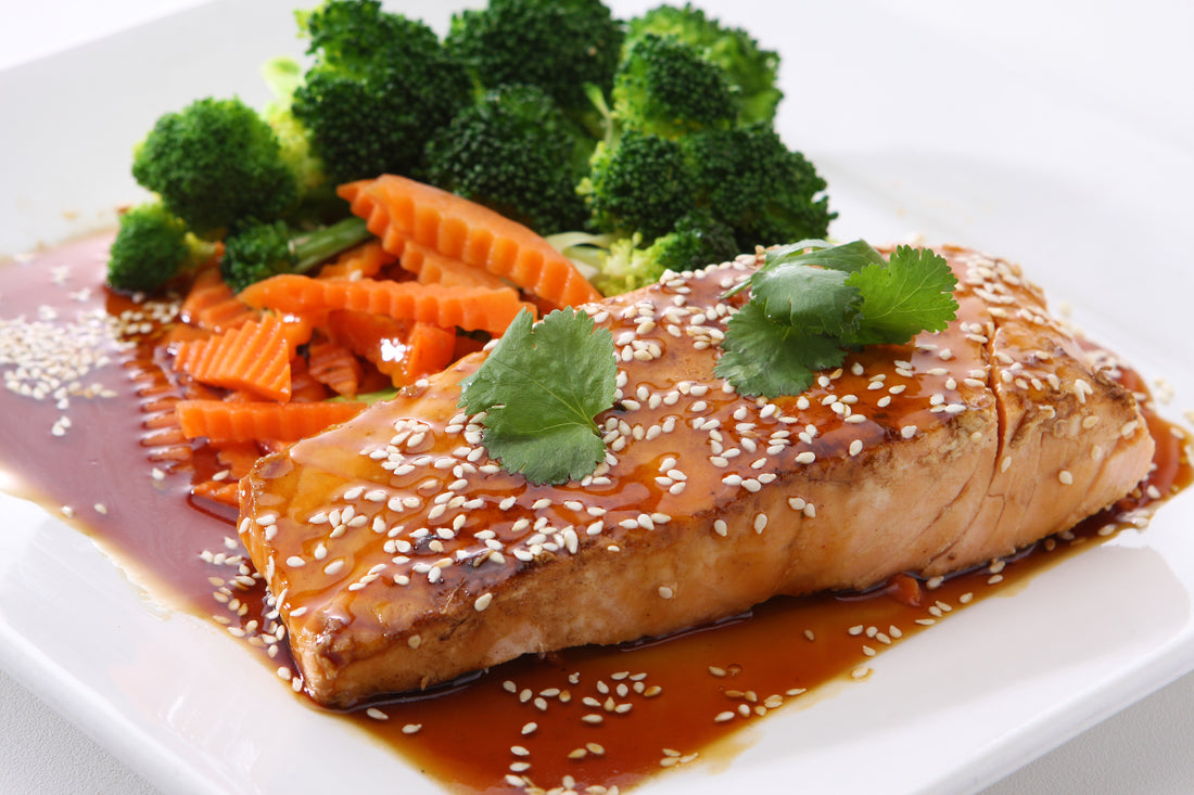 Air Fry Teriyaki Glazed Salmon with Steamed Broccoli and Brown Rice