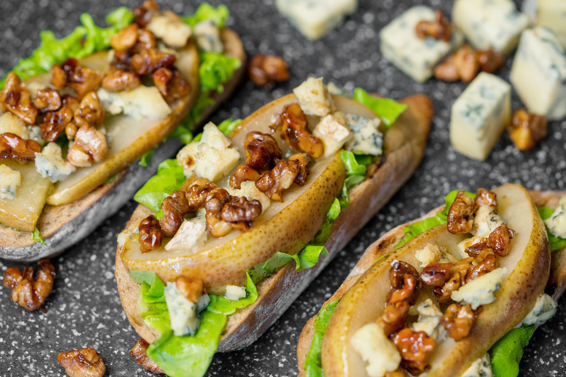 Air Fryer Brie Bruschetta with Pear, Honey, Walnut, and Green Salad