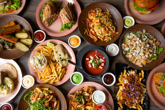 Overhead view of food dishes