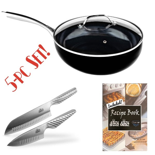 DiamoTech 12 Eazy Flip Wok, Ceramic Nonstick, Toxin-Free, Stainless Steel Knives and Recipe Book Black