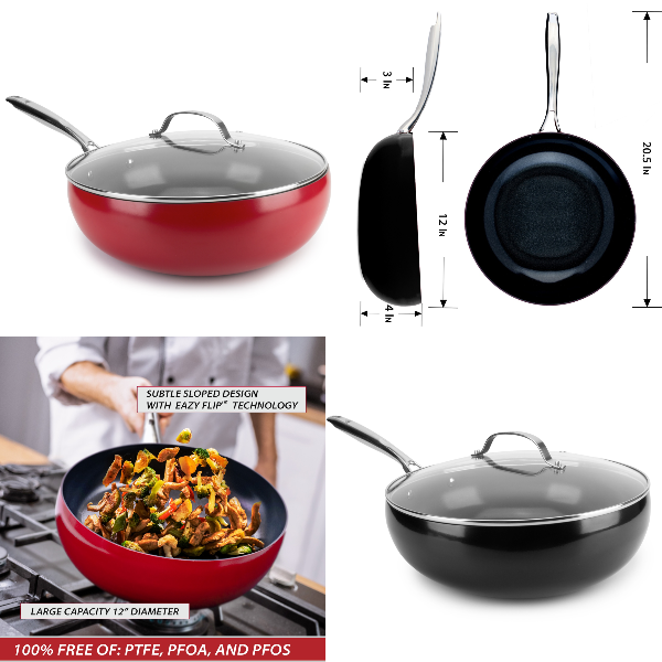 DiamoTech 12" EaZy Flip Wok, Ceramic Nonstick, Toxin-Free, Stainless Steel Knives and Recipe Book