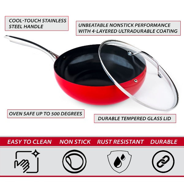  DiamoTech 12" EaZy Flip ceramic nonstick Wok with glass lid and recipe book