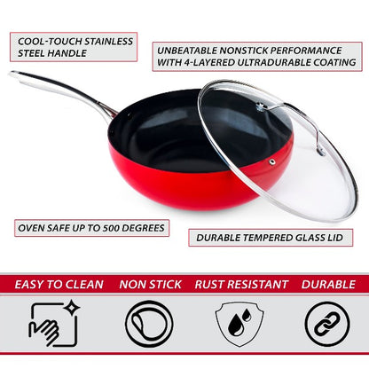  DiamoTech 12" EaZy Flip ceramic nonstick Wok with glass lid and recipe book