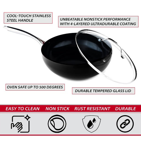  DiamoTech 12" EaZy Flip ceramic nonstick Wok with glass lid and recipe book