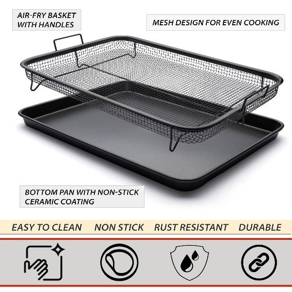 Air Fry Tray with Crisper Basket, 15 inchx12 inch Extra Large Air Fry Set with Handles for Home Oven Baking, Silver