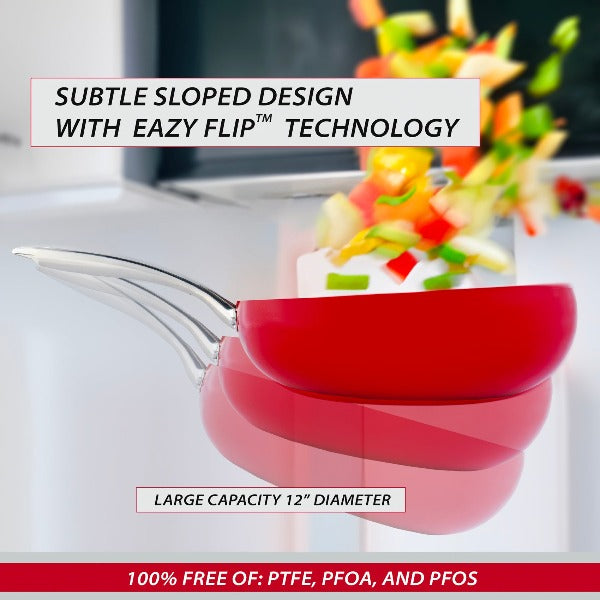  DiamoTech 12" EaZy Flip ceramic nonstick Wok with glass lid and recipe book