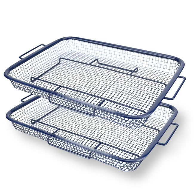 DiamoTech 2-Piece Crisping Baskets Oven & Air Fry Crisper Basket Nesting Set Toxin-Free Non-Stick  Healthy Cooking 9"x 13" Blue