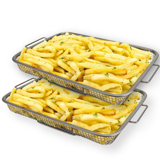 DiamoTech 2-Piece Crisping Baskets Oven & Air Fry Crisper Basket Nesting Set Toxin-Free Non-Stick  Healthy Cooking 9"x 13" Gray