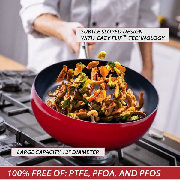  DiamoTech 12" EaZy Flip ceramic nonstick Wok with glass lid and recipe book