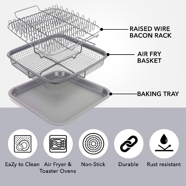Eazy Mealz Air Fry Basket, Bacon Rack, Bake Pan 3-Pc Set Non-Stick Coating, Gray, Size: One Size