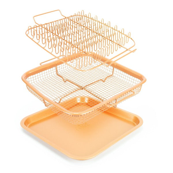 eazy mealz square bacon rack and crisper 3-pc set non-stick for air fryers & ovens copper