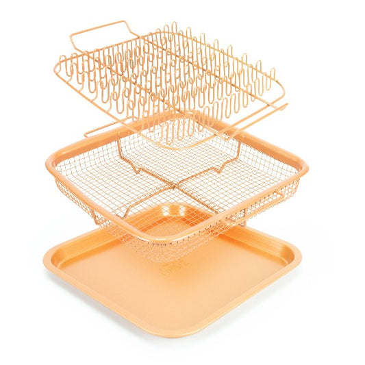 eazy mealz square bacon rack and crisper 3-pc set non-stick for air fryers & ovens copper