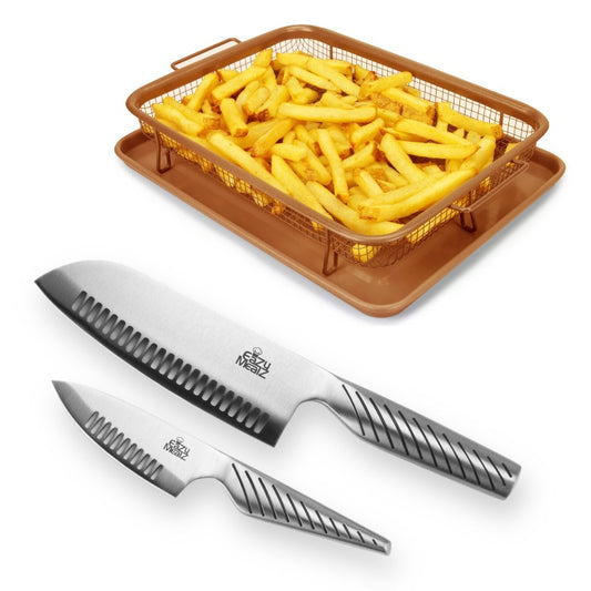 EaZy MealZ Non-Stick Air Fryer Copper Crisper Basket and Tray Set + 2-Pc Santoku Knife Set