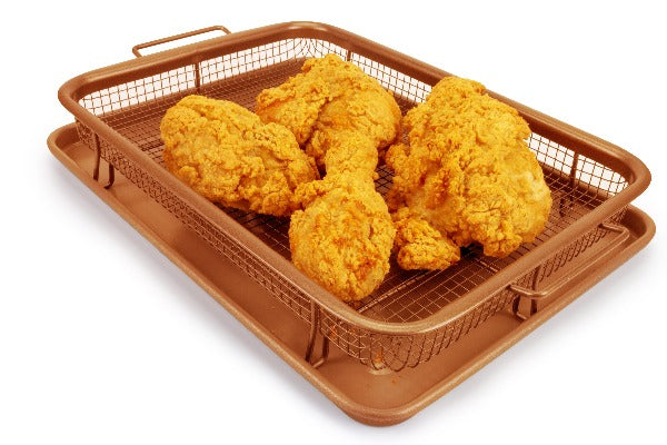EaZy MealZ Non-Stick Air Fryer Copper Crisper Basket and Tray Set + 2-Pc Santoku Knife Set