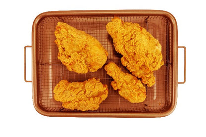 EaZy MealZ Non-Stick Air Fryer Copper Crisper Basket and Tray Set + 2-Pc Santoku Knife Set