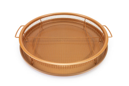 eazy mealz round air fry crisper basket & 12-inch pizza pan set, large, copper