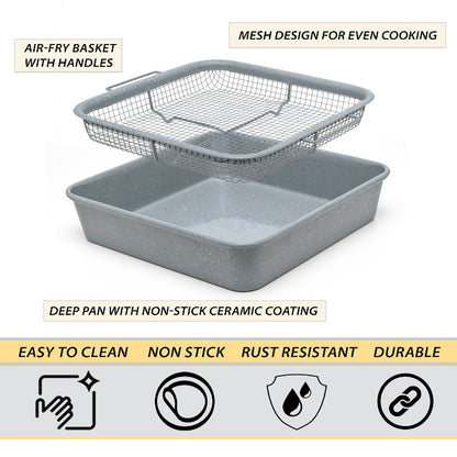 eazy mealz air fry grill pan, crisping basket & deep bake pan 3-pc set, deluxe, speckled