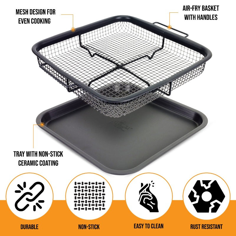 Air Fryer Basket for Oven,Stainless Steel Crisper Tray and Pan, Deluxe Air Fry in Your Oven, 2-Piece Set, for The Grill, Silver