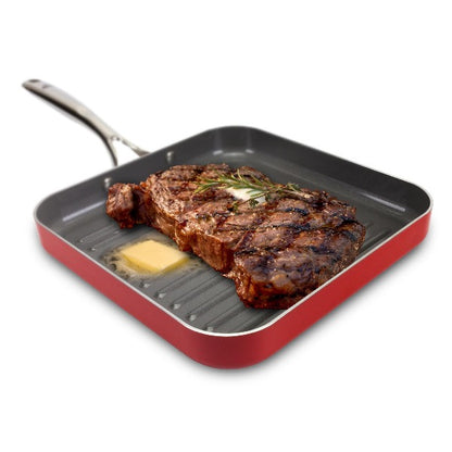 eazy mealz non-stick square grill pan, large, 10.5″ red